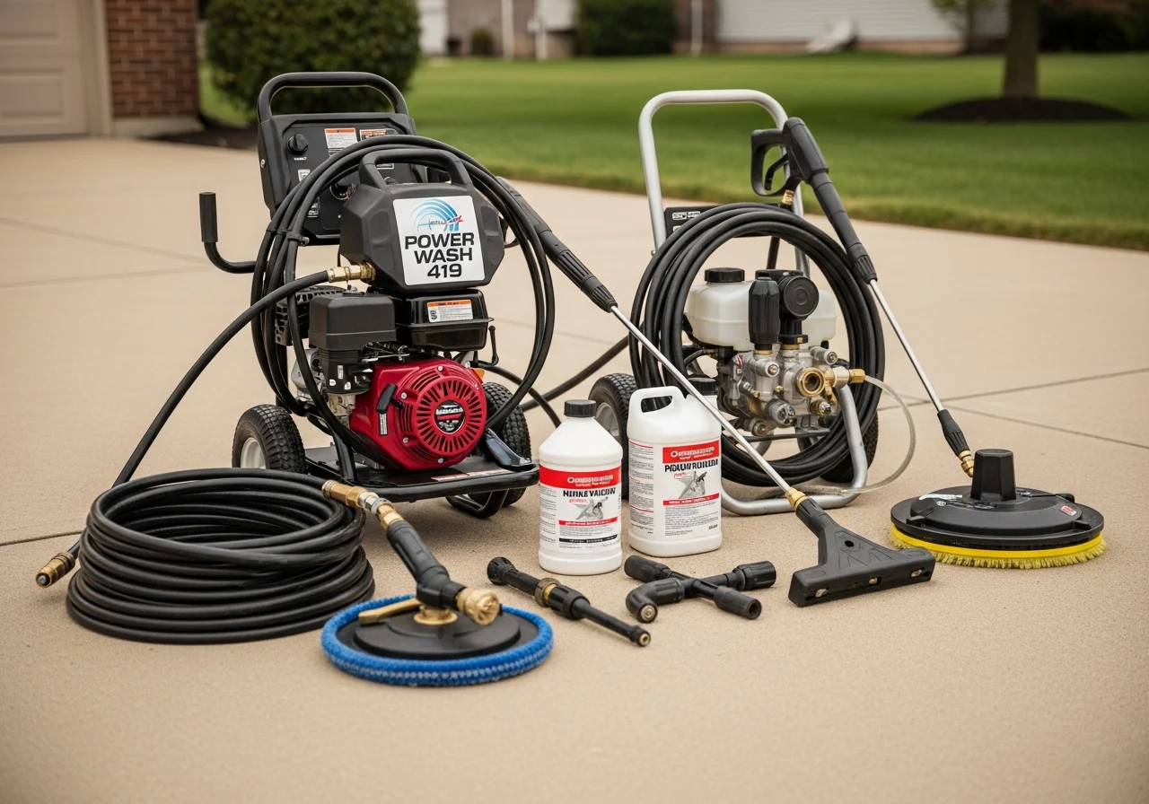 Professional power washing equipment and cleaning tools staged on a residential driveway, ready for service.