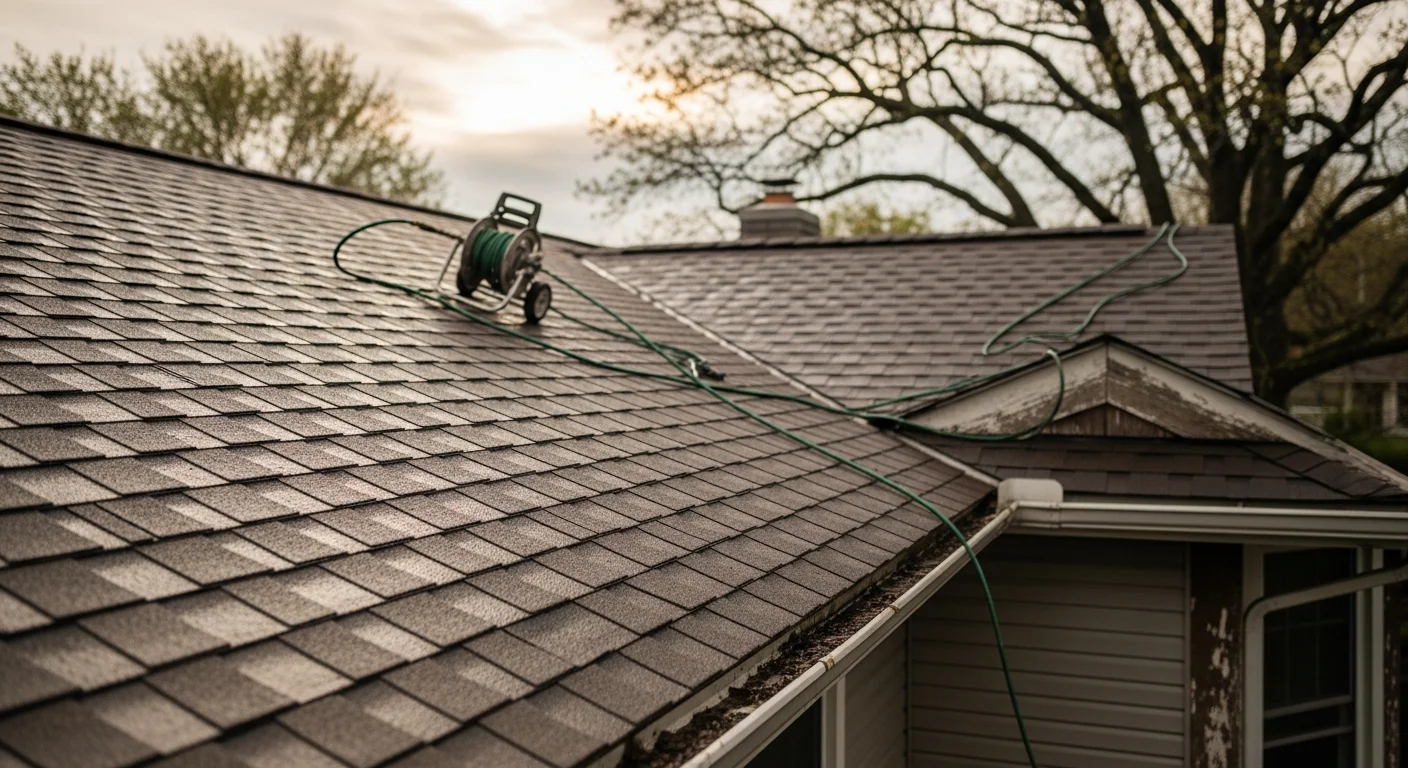 Professional roof cleaning service removing debris and algae from residential roof