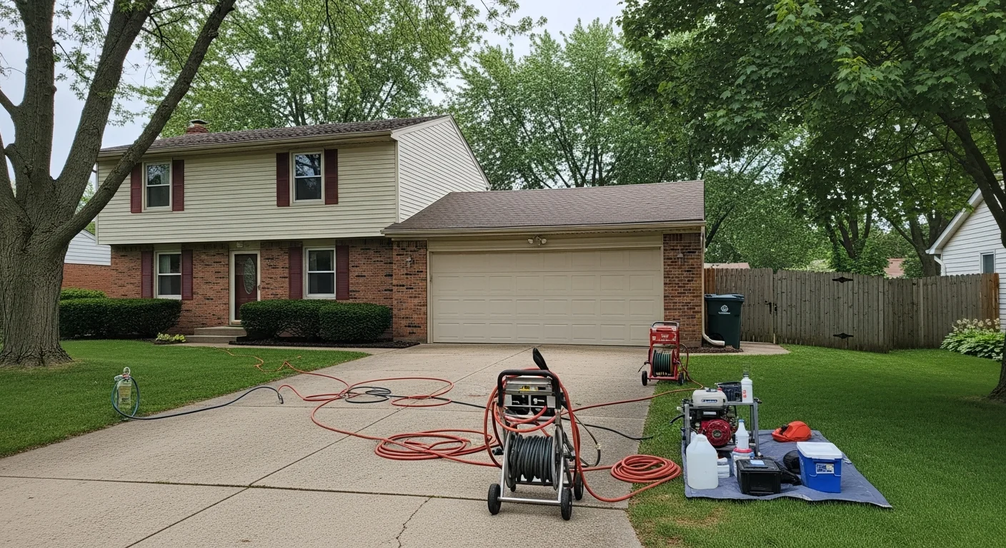 Professional service crew working on a residential property in Toledo, with typical Midwestern architecture and mature trees visible in the background.