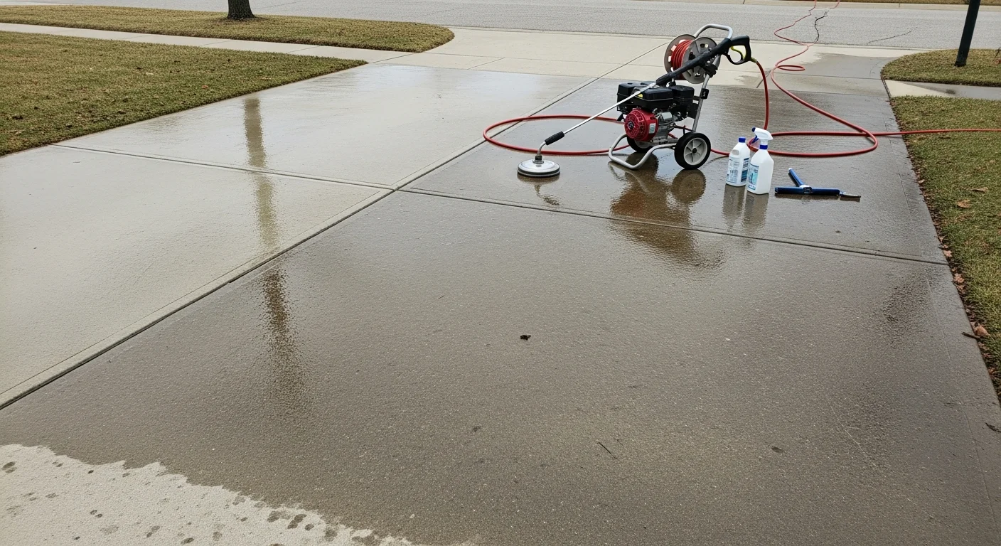 A Toledo residential concrete driveway before and after professional pressure washing, showing dark algae stains and road salt residue fully removed from the surface. The cleaned driveway appears bright and even against the front of a single-family home.