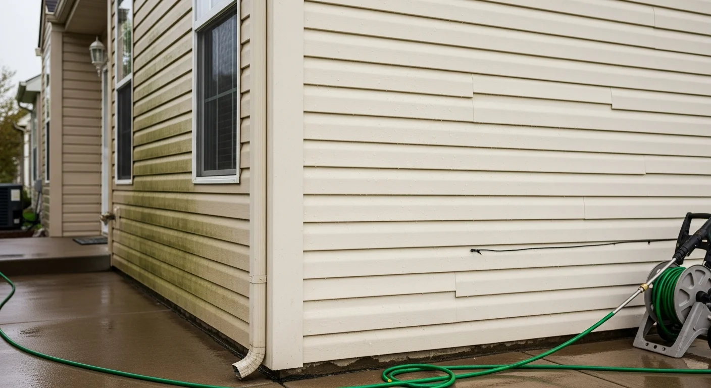 A Toledo single-family home with freshly cleaned vinyl siding, showing the contrast between a dirt-free surface and the surrounding trim after exterior house washing. A pressure washing technician works along the front elevation of the home on a clear day.