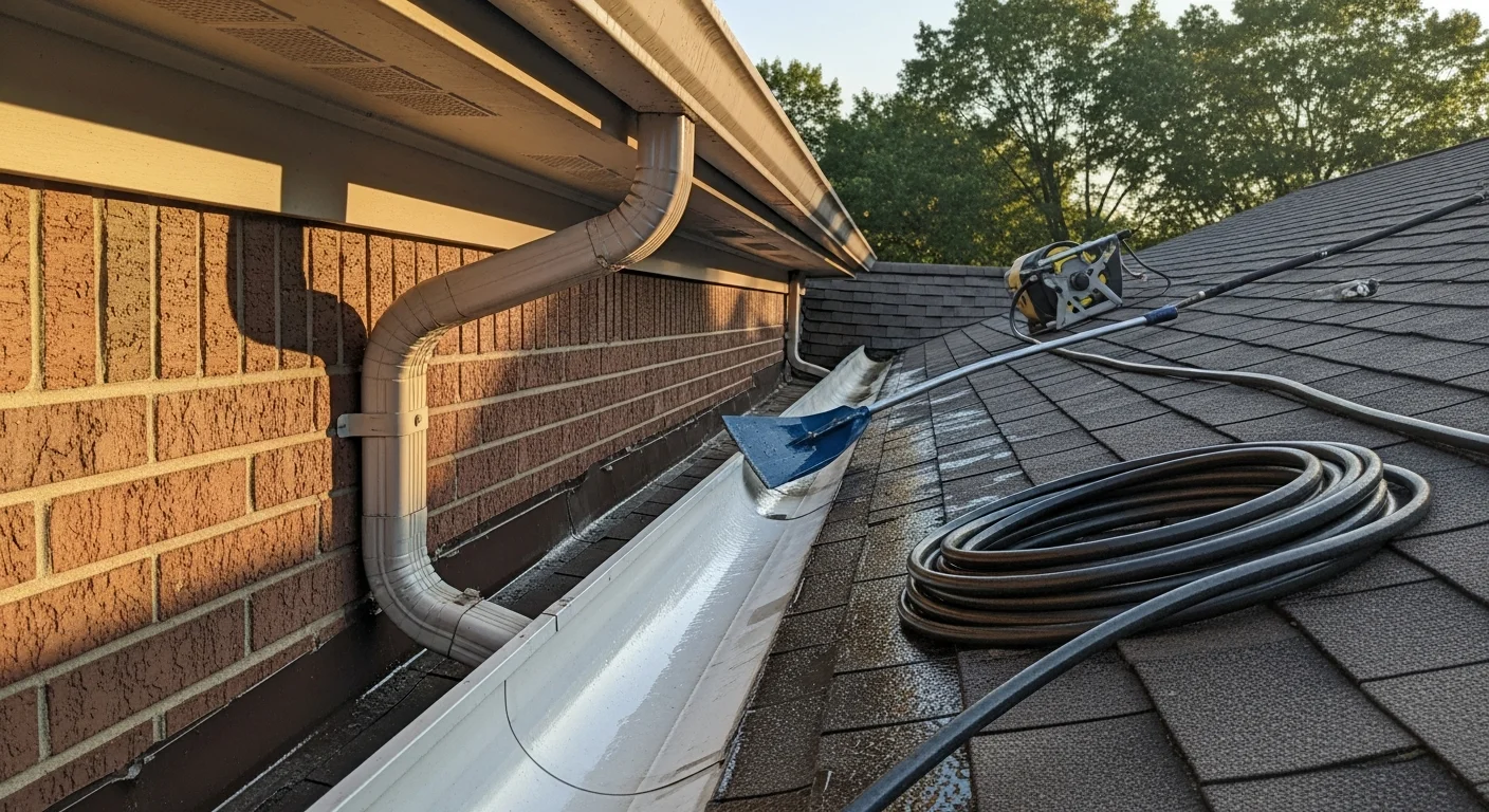 A Toledo home's gutters being cleared of compacted leaf and seed debris by a Hydro Power Wash 419 technician, with dark organic buildup visible in the gutter channel before cleaning. Downspouts are flushed and checked for clear water flow as part of the completed service.