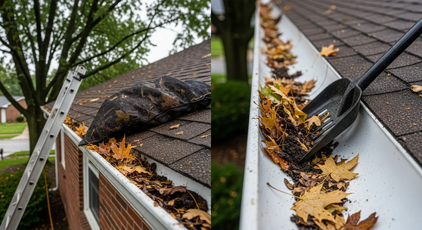 A Toledo residential roofline with gutters fully cleared of leaves, maple seed pods, and compacted debris after a professional gutter debris removal service. Clean downspouts are visible against the home's fascia with no overflow staining.