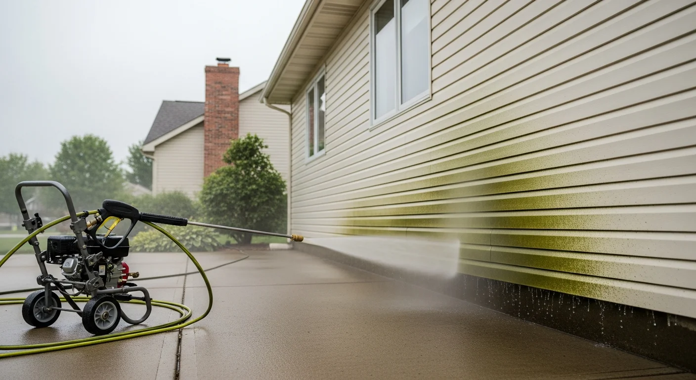 A Toledo residential home with clean vinyl siding after professional exterior pressure washing by Hydro Power Wash 419, showing no algae streaking or salt staining on the front and side walls. Before-and-after contrast visible on the lower siding panels near the foundation.