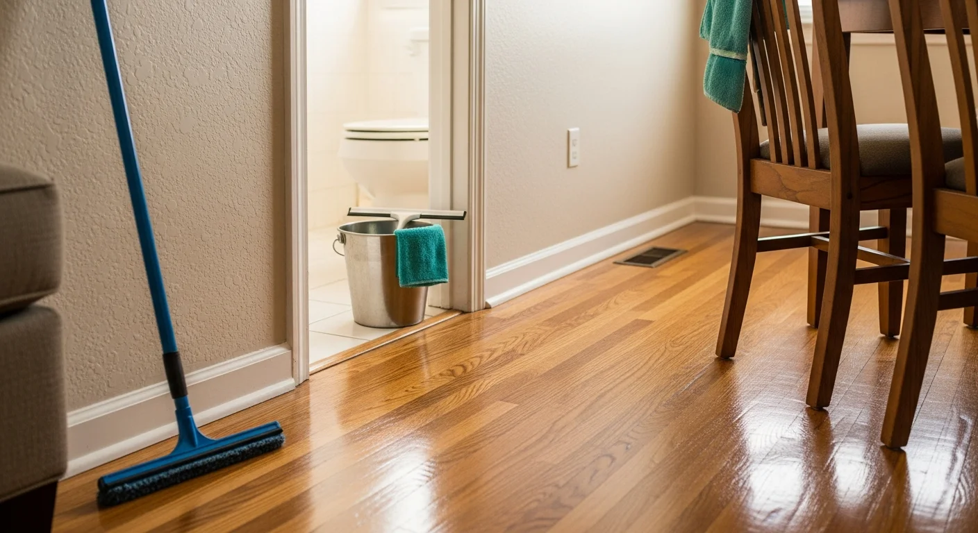 Interior of a clean Toledo single-family home showing scrubbed kitchen countertops and mopped tile floors after a professional house cleaning service. A bright bathroom with wiped fixtures and a spotless sink is visible in the background.