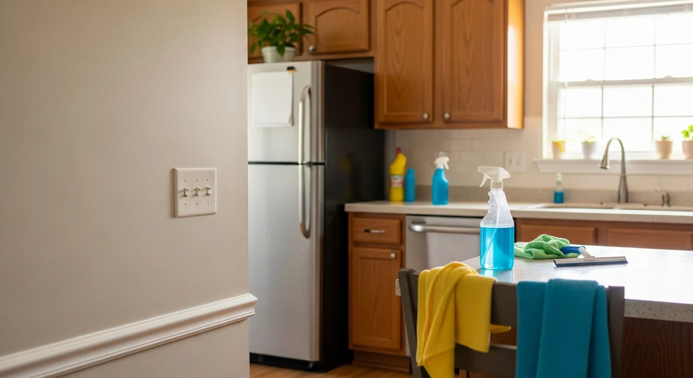 Interior of a vacant Toledo home with clean kitchen countertops, scrubbed appliances, and spotless floors after a professional move-in cleaning service. Empty cabinets stand open showing wiped-down interiors ready for a new occupant.