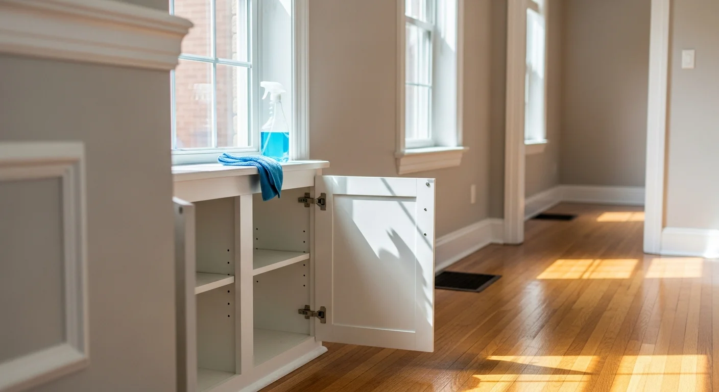 Interior of an empty Toledo rental home with clean hardwood floors, spotless white kitchen appliances, and scrubbed baseboards after a professional move-out cleaning service. The room is fully cleared and inspection-ready with no visible dust, stains, or residue.