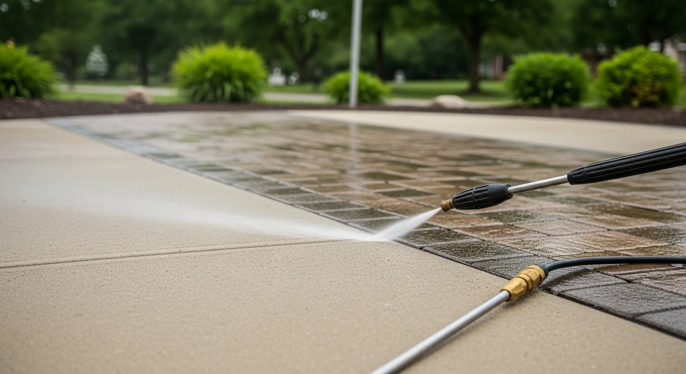 A concrete patio in Toledo, Ohio shown split between one side covered in green algae and gray grime and the other side freshly pressure washed to a clean, bright surface. A pressure washing wand and spray pattern are visible mid-clean.