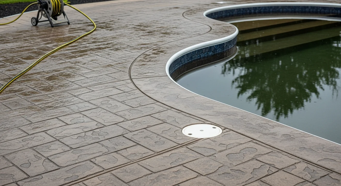 A Toledo residential pool deck after professional pressure washing, showing clean concrete coping and surrounding paver surface free of algae and dark staining. The pool surround is dry, bright, and even in color with no visible mold or grime buildup.