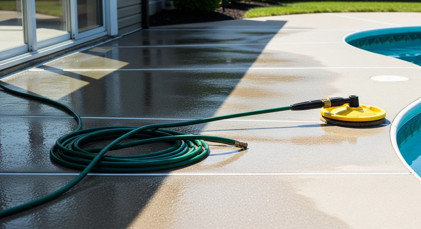 A Toledo residential pool deck after professional pressure washing, showing clean concrete with restored surface color and no visible algae or staining around the pool coping edge. A clear, debris-free deck surrounds an in-ground pool on a sunny Northwest Ohio afternoon.