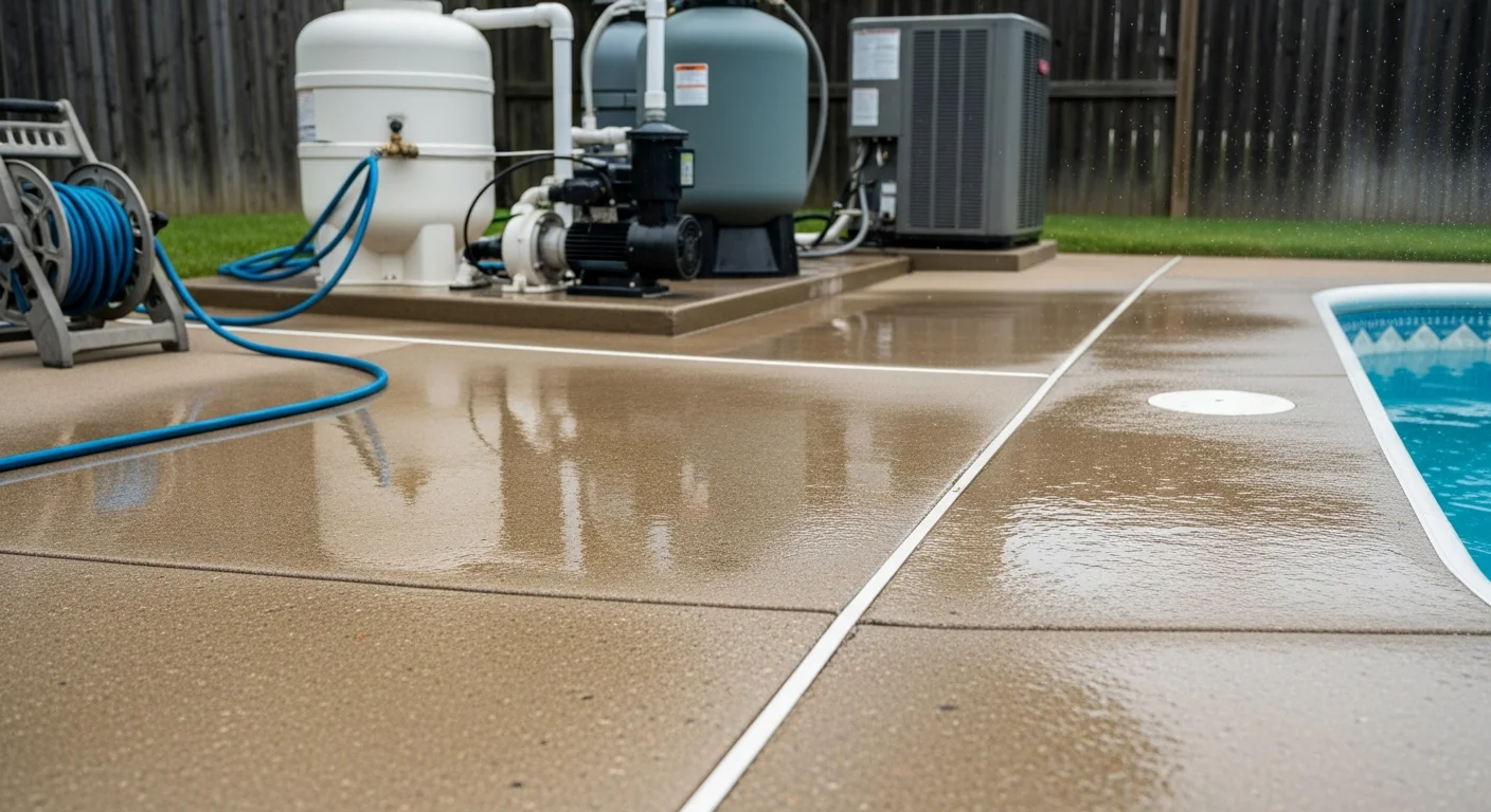 A clean concrete pool equipment pad in a Toledo backyard after pressure washing, with a pump and filter housing free of algae, mold, and debris. The surrounding hardscape shows fresh, uniform concrete with no visible organic buildup or staining.