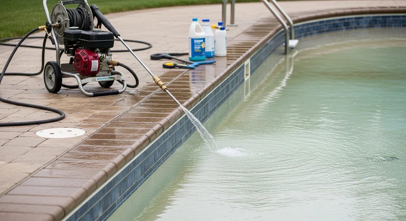A Toledo residential pool surround after professional pressure washing, showing clean concrete deck with restored surface texture and no visible algae or staining. The pool area is dry and ready for use with clear joint lines between paver sections.