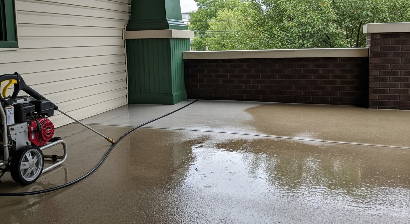 A Toledo home's front porch after professional pressure washing, showing clean concrete floors, scrubbed railings, and clear steps free of algae and winter salt stains. The Craftsman-style covered porch exterior looks freshly restored against a typical Northwest Ohio residential backdrop.