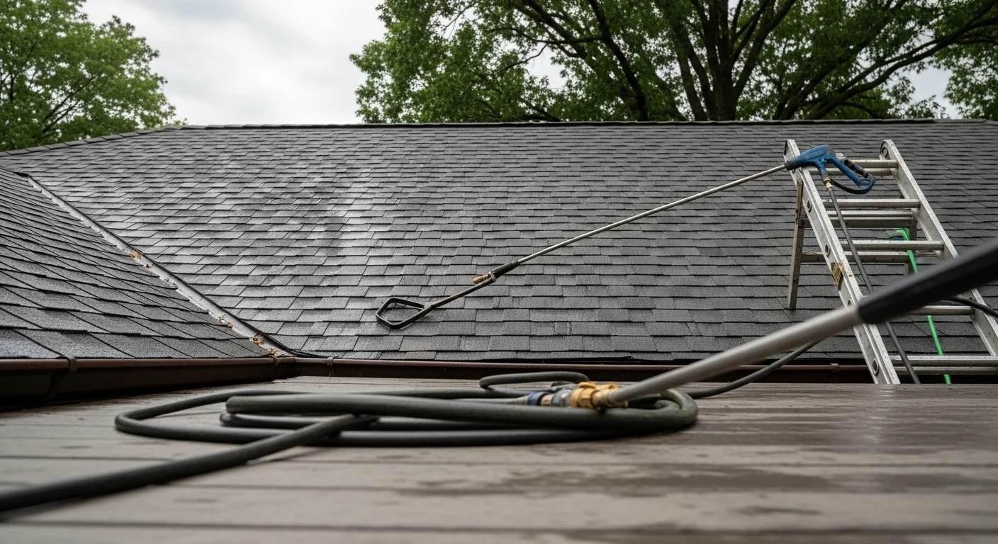 A Toledo residential home with asphalt shingles showing before-and-after results of professional roof algae removal, with dark black streaking cleared from the roof surface. A soft wash technician works from a ladder along the roofline of a two-story Ohio home surrounded by mature trees.