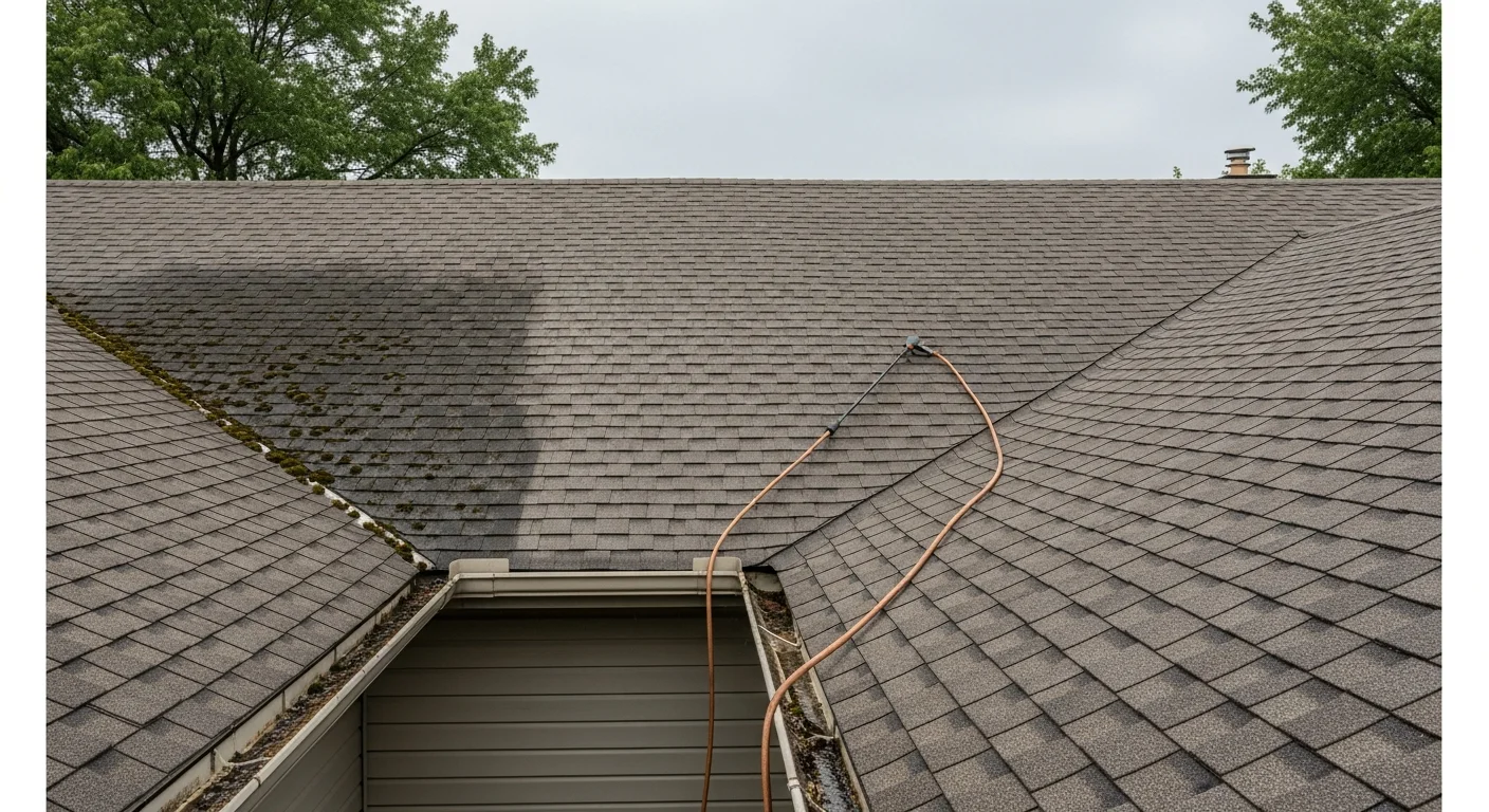 A Toledo residential home with a clean asphalt shingle roof after professional soft wash cleaning, showing no black streaks or green moss growth. The roof surface is uniform in color with clear valleys and eaves visible against a Northwest Ohio neighborhood backdrop.