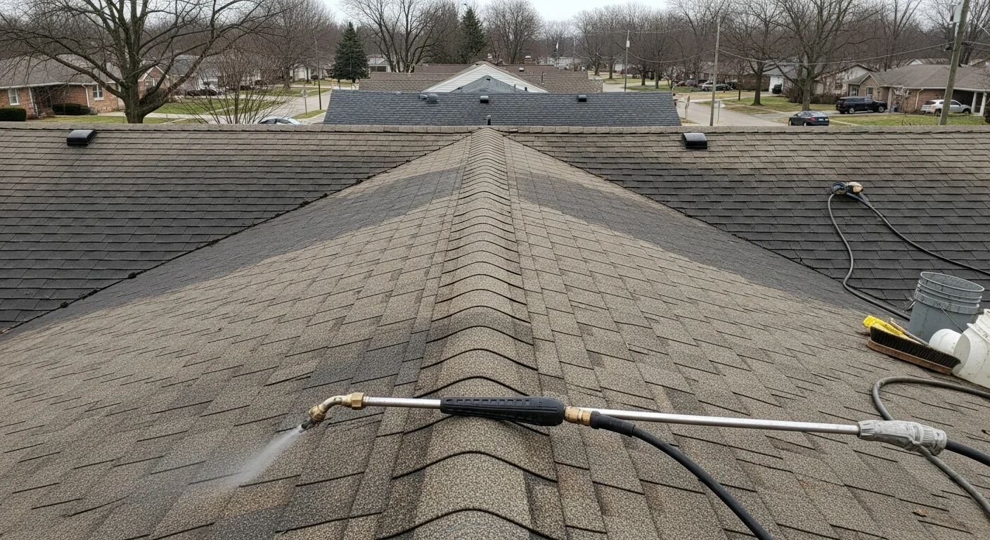 A Toledo residential roof with green moss patches cleared from asphalt shingles along a shaded slope, showing clean, intact shingles after professional low-pressure moss removal service by Hydro Power Wash 419.