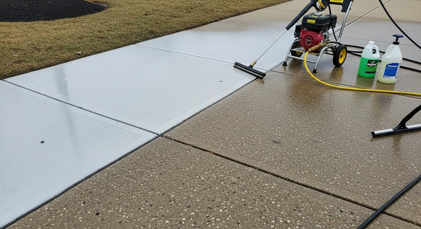 A Toledo residential sidewalk before and after professional pressure washing, showing dark algae staining and road salt residue removed to reveal clean, bright concrete. A pressure washing technician works along the walkway leading to a home's front entry.