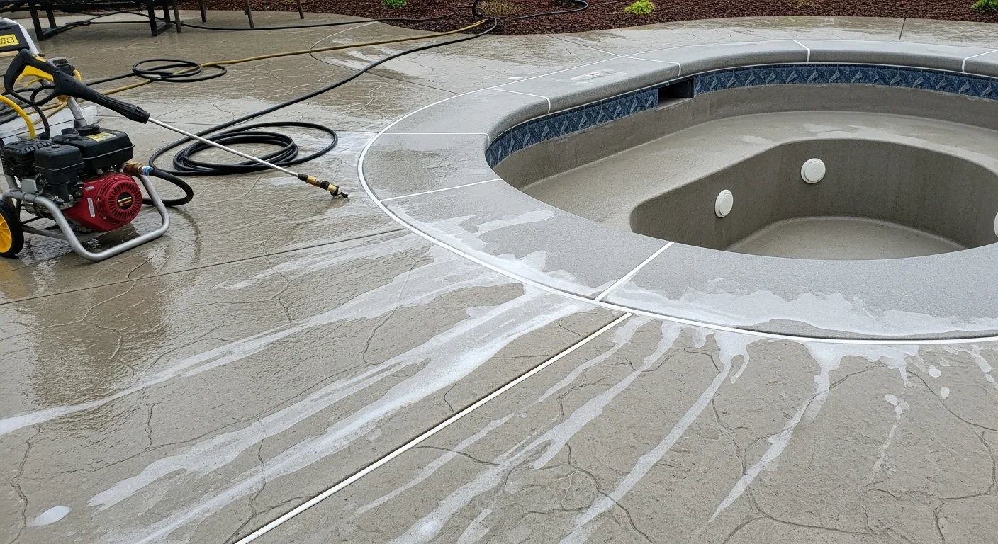 A clean outdoor spa area in Toledo with a scrubbed shell exterior, clear coping edges, and a pressure-washed deck surface free of mineral scale and organic staining. The surrounding patio shows no visible algae, debris, or hard water deposits after professional spa area cleaning.